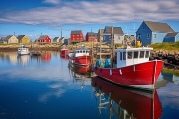 Colorful fishing boats moored in the calm waters of a picturesque newfoundland fishing village, reflecting the vibrant colors of the buildings and the sky