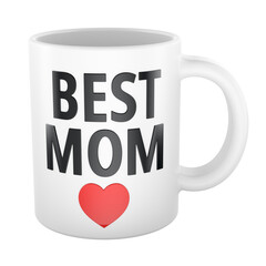 Best Mom, white mug with red heart. 3D rendering