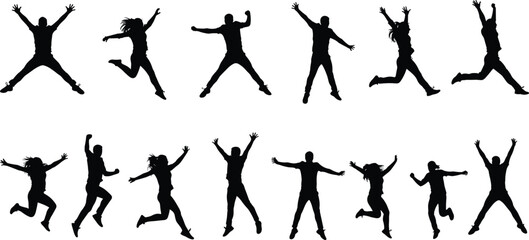 Jumping people silhouettes set – happy youth and adults celebrating, energetic pose collection, joyful movement, active lifestyle black vector