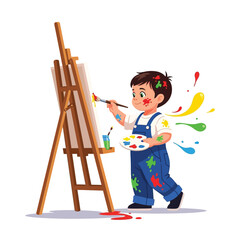 Flat vector illustration of a small child painting with a brush on a standing easel, colorful paint splashes, isolated on white background