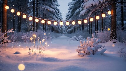 Magical winter forest path illuminated by festive string lights and glowing candles creating a warm enchanting atmosphere
