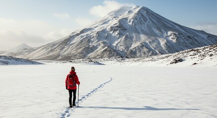 Hiker in Red Jacket Walking in Snowy Mountain Landscape During Day