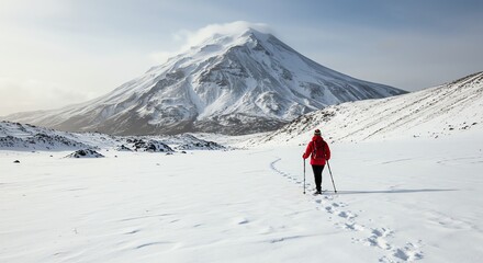 Snowy Mountain Landscape with Solo Hiker in Red Winter Jacket in Open Snow Field