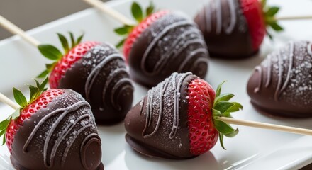 Six chocolate-dipped strawberries, artfully drizzled with white chocolate, arranged on a white platter with wooden skewers inserted.