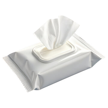 White wet wipes packet with one open wipe isolated on transparent background