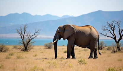 Fototapeta premium African Elephant Standing in Arid Landscape with Distant Mountains and Water