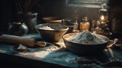 Dark and Moody Baking Scene with Flour and Vintage Utensils