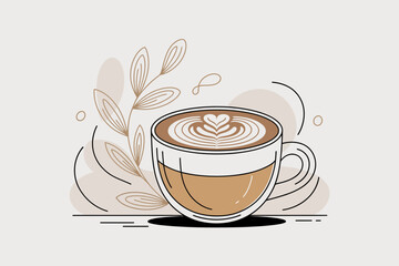 Elegant Latte Art Illustration Featuring a Heart Design with Subtle Botanical Accents and a Neutral Color Palette Ideal for Coffee Shop Promotion