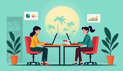 Two individuals working at desks with laptops in a bright, tropical-themed office environment