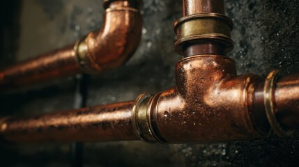 Detailed View of Copper Plumbing Pipes with Rustic Texture and Finish