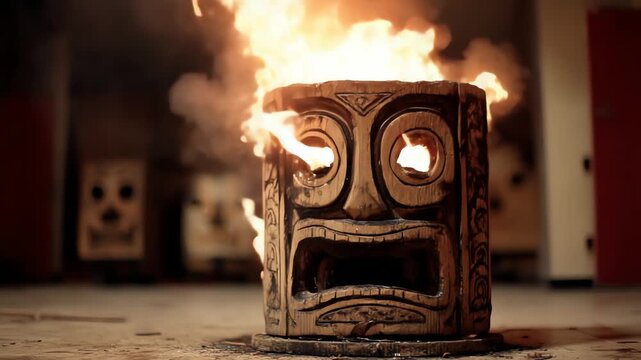 Intense video of a burning tiki statue, symbolizing destruction, ancient traditions, and fiery