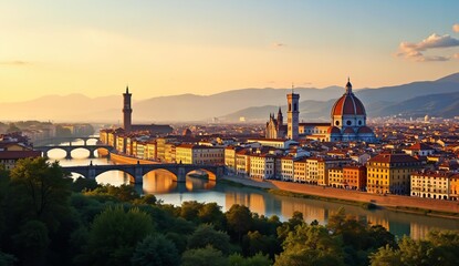 Obraz premium Sunset Over Florence: A Panoramic View of Historic Architecture and the Arno River