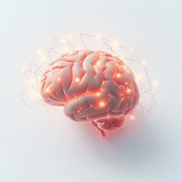 Minimalist 3d illustration of human brain with glowing neural connections, white background, mental health and therapy concept.