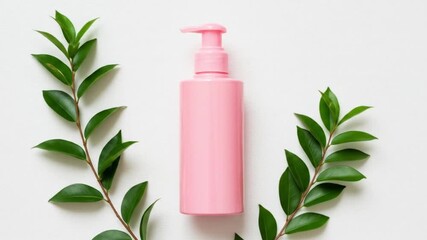 A pink pump bottle with green leaves on a white background for beauty and cosmetic product display - Powered by Adobe