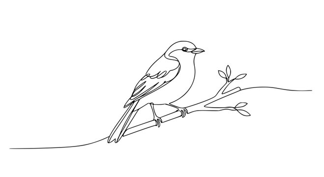 Bird sitting on branch in single line outline vector style  