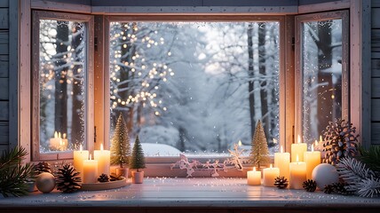 Cozy winter scene viewed through a bay window adorned with glowing candles and festive christmas decorations on a snowy day