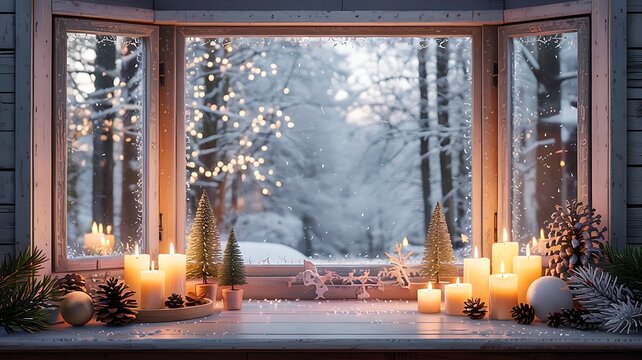 Cozy winter scene viewed through a bay window adorned with glowing candles and festive christmas decorations on a snowy day