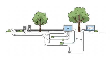 Digital Data Network Infrastructure with Servers and Computers Connected Underground