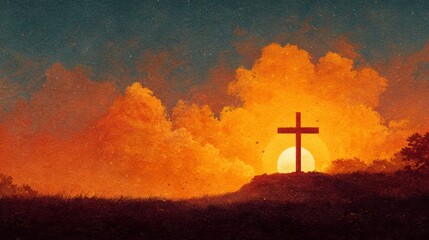 Medium close-up of a cross silhouette on a golden sunny background