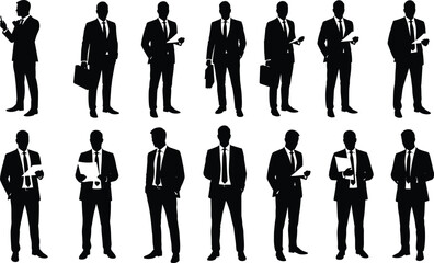 Businessman silhouette collection – professional men in suits with briefcases, phones, documents, standing and walking poses vector set