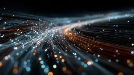 Stream of glowing fiber optic strands with blue and orange particles, abstract style on a dark background, concept of data flow and communication - Powered by Adobe