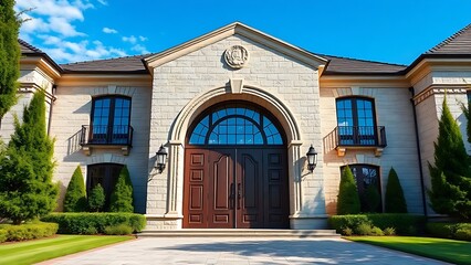 Obraz premium A grand luxury house entrance with elegant stone facade, surrounded by lush greenery and blue skies.