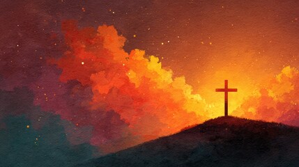 Medium close-up of a cross silhouette on a golden sunny background