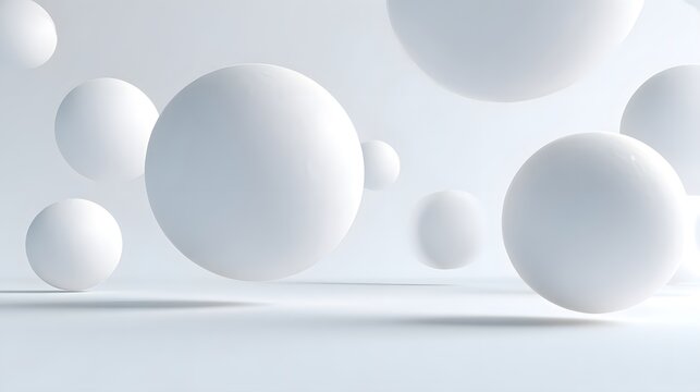 Minimalist floating 3D spheres casting soft shadows pure white background modern abstract composition ideal for tech marketing visuals and clean design templates