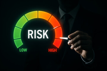 Businessman adjusting risk meter from low to high with glowing color scale for finance assessment investment management or cyber security concept