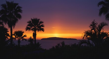 Tropical Island Sunset with Palm Trees Silhouette