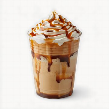 Deliciously indulgent caramel frappuccino coffee drink topped with whipped cream and drizzled caramel sauce