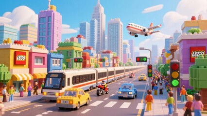 Obraz premium Colorful cityscape with vibrant buildings, a train, cars, pedestrians, and an airplane in the sky