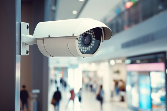 Modern security camera monitoring a blurred shopping mall corridor with walking people - Powered by Adobe