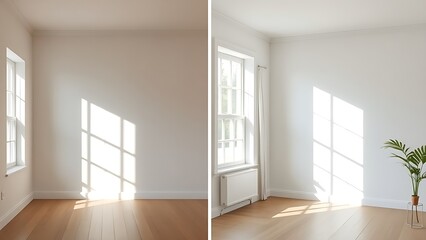 Fototapeta premium Simple room comparison showing plain walls versus freshly painted walls with natural light.