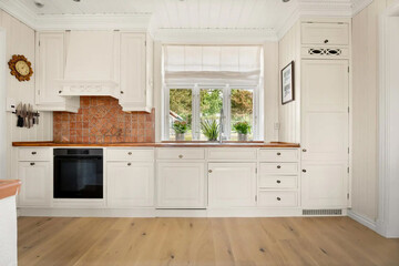 Modern luxury kitchen interior in minimal scandinavian style, 3d render