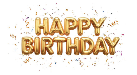 Celebrate with stunning gold balloon letters spelling "Happy Birthday" amidst festive confetti and streamers