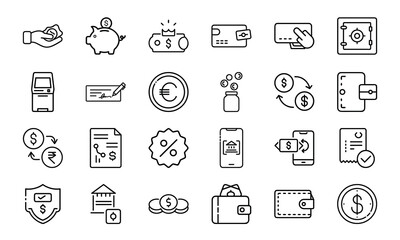 Minimal Finance and Payment Line Icons 24 Banking, Wallet, Transaction, Mobile Payment, and Security Vector Icons for Web and App UI Design