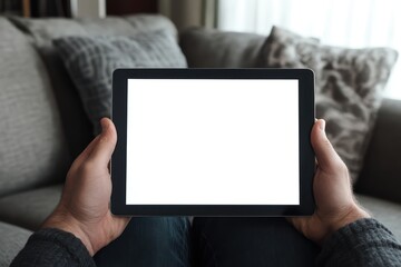 Man on sofa holding blank white tablet screen