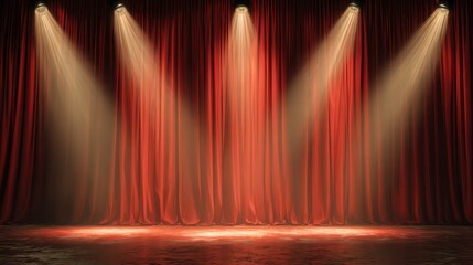 A 4K photo of bright stage spotlights shining on red curtain background. 3d rendering.