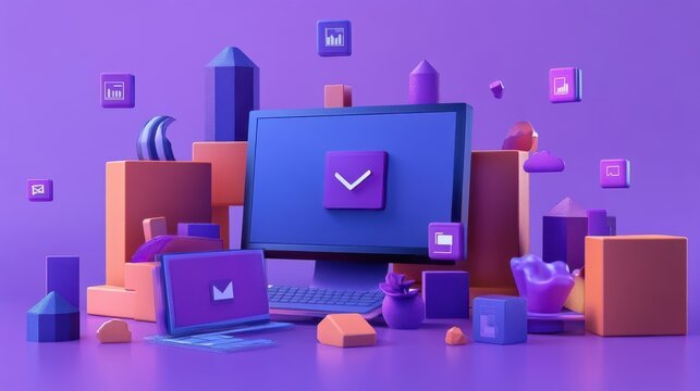 Colorful Digital Workspace with 3D Objects and Computer Displaying Email Icon on Purple Backdrop
