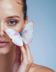 Ethereal beauty portrait of a woman with a delicate butterfly on her face, symbolizing natural grace and gentle skincare