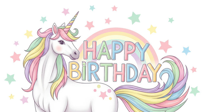 Magical unicorn with rainbow mane and stars celebrates a happy birthday wish