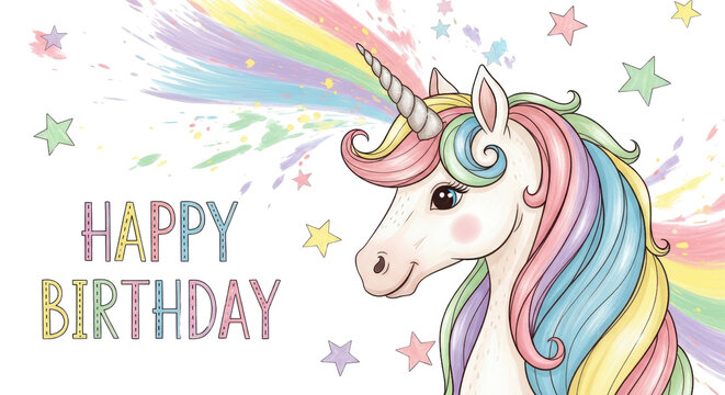 Magical unicorn celebrating birthday with vibrant rainbow splash and stars, perfect for festive greetings
