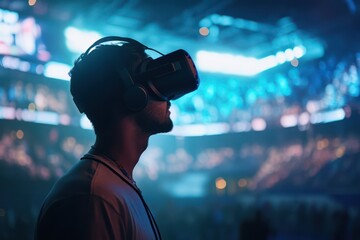 Excited man uses VR headset at stadium