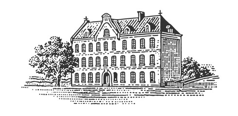 Obraz premium A detailed vintage illustration showcasing a grand architectural building with intricate details.