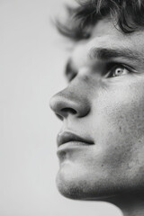 Obraz premium young man with trembling chin gazes into distance lost in thought against clean monochromatic background