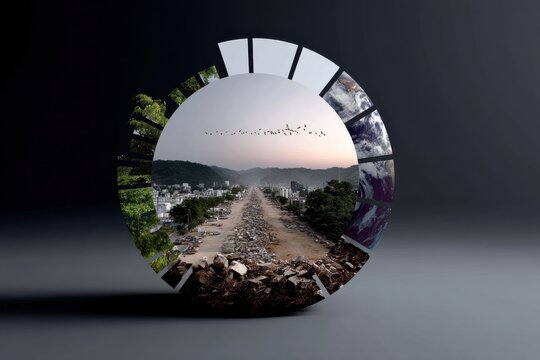 This image creatively depicts the contrast between nature and urban decay, illustrating the impact of waste and environmental change on our world through artistic representation.
