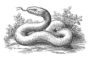 Detailed vintage illustration of a snake with its tongue out, coiled and ready.