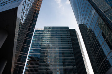 Naklejka premium view from below of tall skyscrapers and the sky