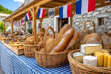 French bread and cheese displayed on market stall with french flags